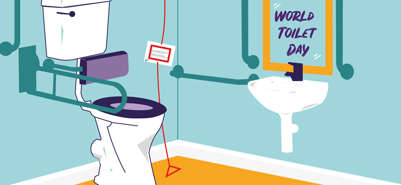 A graphic of a bathroom, with a toilet, a red emergency cord with a Red Cord Card attached, a sink and a mirror that has 'World Toilet Day' writing on it.