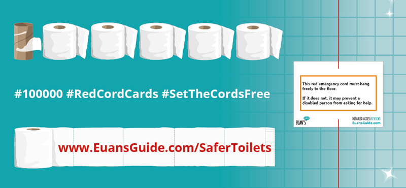 A graphic of loo rolls that look like One Hundred Thousands in numbers. Hashtags are one hundred thousand, Red Cord Cards and Set The Cords Free. Red Cord Card to the right that reads "This red emergency cord must hang freely to the floor. If it does not, it may prevent a disabled person from asking for help."