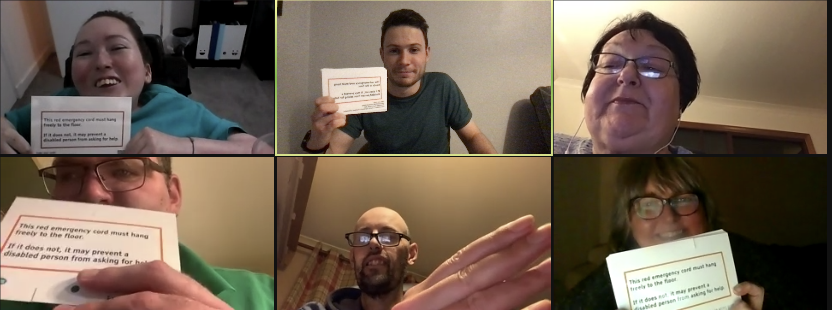 Six people on Zoom holding up Red Cord Cards