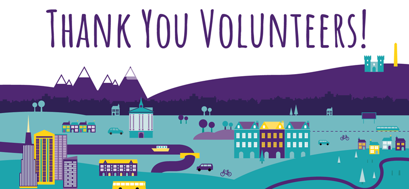 A city graphic illustration with buildings and landscapes with text at the top that reads: "Thank You Volunteers!"