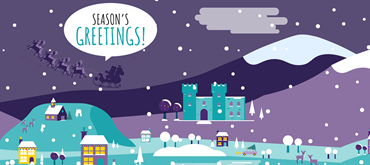 Christmas backdrop of a city which features Santa and his reindeers, a speech bubble with text that reads: "Season's Greetings!"