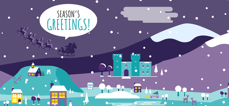 Christmas backdrop of a city which features Santa and his reindeers, a speech bubble with text that reads: "Season's Greetings!"