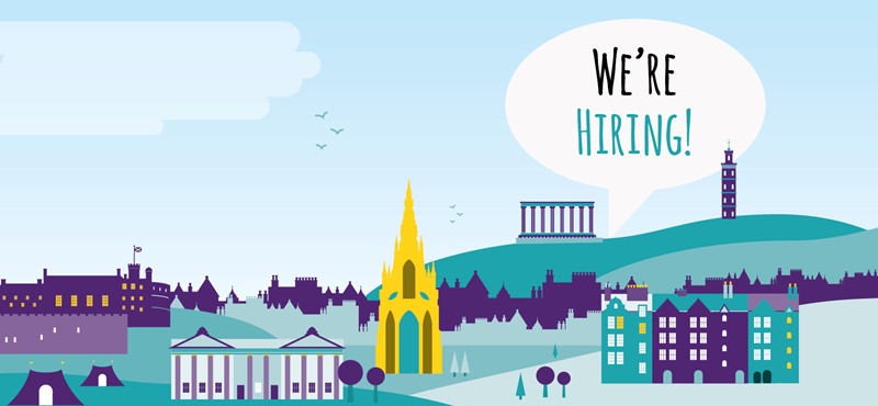 A city illustration graphic with various buildings in the landscape with a speech bubble that says: "We're hiring!"