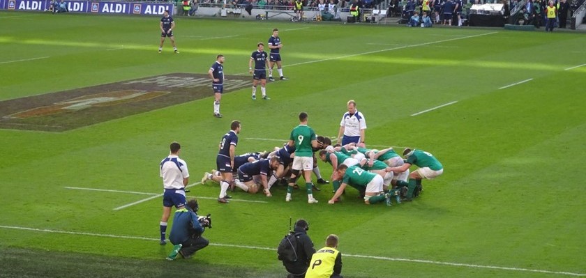 A picture inside of Aviva Stadium of a rugby game.