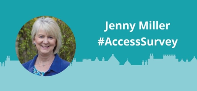 Graphic with photo inset of Jenny Miller CEO of PAMIS and text "Jenny Miller CEO of PAMIS #AccessSurvey"