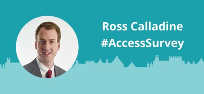 Graphic with photo inset of Ross Calladine and text "Ross Calladine #AccessSurvey"