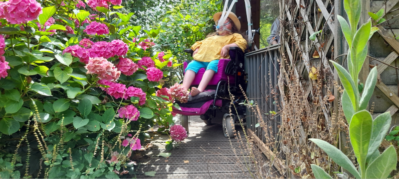Karis in her power chair on a narrow path lined with fences and shrubs including a pink hydrangea