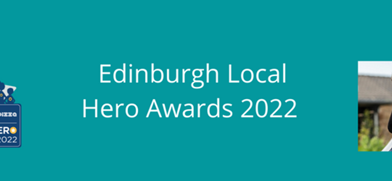 Teal background with Edinburgh Local Hero Awards 2022 in text and the awards logo and a photo of Euan