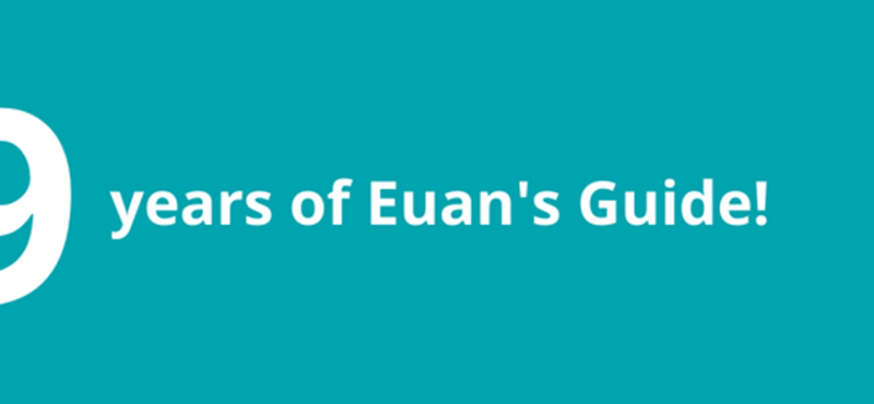Graphic design of a teal background with white text 9 years of Euan's Guide!