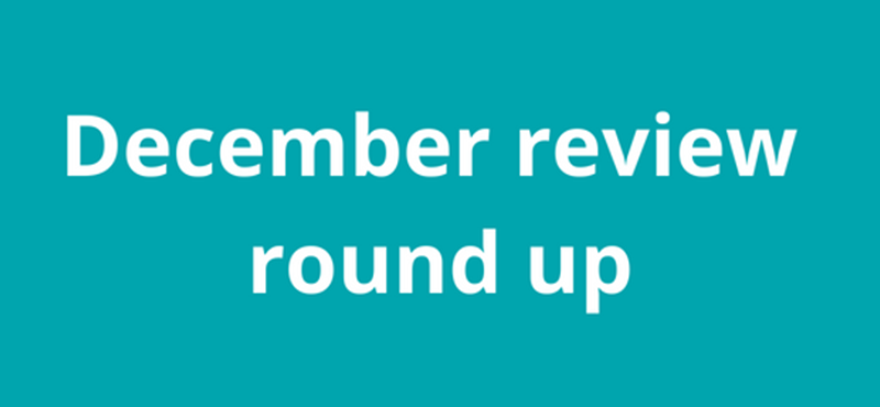 A graphic image of teal background with white text December review round up