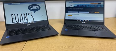 A photograph of two laptops on a desk with the Euan's Guide website displayed on each