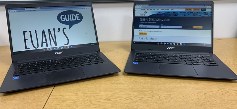 A photograph of two laptops on a desk with the Euan's Guide website displayed on each