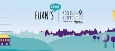 Graphic design of a cityscape in teal, white and purple with the Euan's Guide Access Survey information text