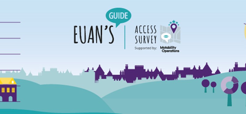 Graphic design of a cityscape in teal, white and purple with the Euan's Guide Access Survey information text