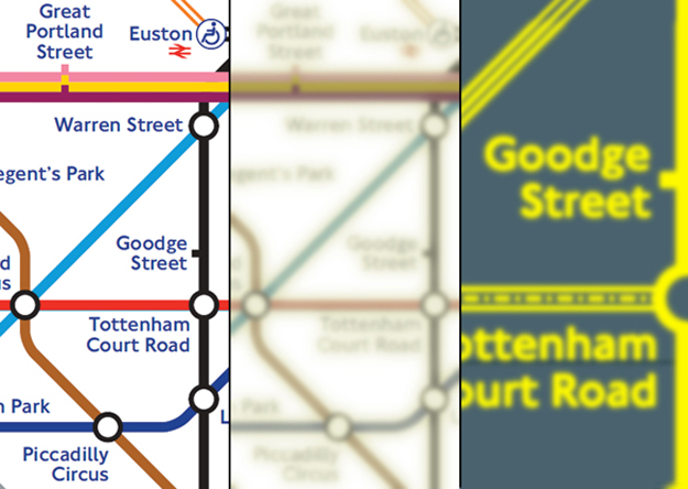 Tube map viewed with full vision Vs cataracts, and again with custom colours and high zoom
