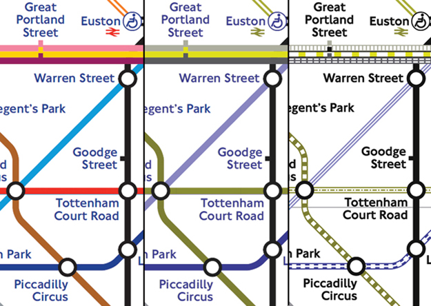 Tube map viewed with full vision Vs red-green colourblindness, and again with patterns added.