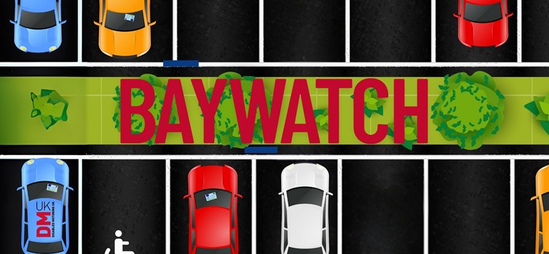 A graphic design with a black background depicting parked cars in parking bays that are parked correctly and incorrectly according to the accesible parking bays. The words Baywatch and Campaign are on the image