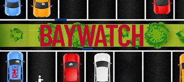 A graphic design with a black background depicting parked cars in parking bays that are parked correctly and incorrectly according to the accesible parking bays. The words Baywatch and Campaign are on the image