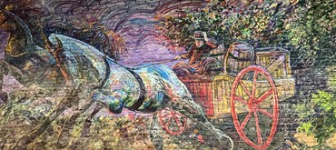 Painting on the tunnel wall of colourful horse and carriage in Colinton Tunnel Mural 