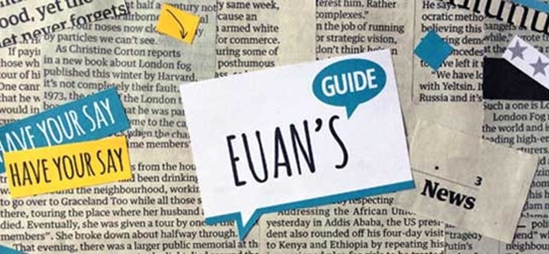 Photo of newspaper clippings and the Euan's Guide logo.