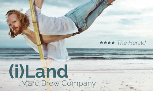 Flyer for (i)Land showing  a man dancing on a beach.