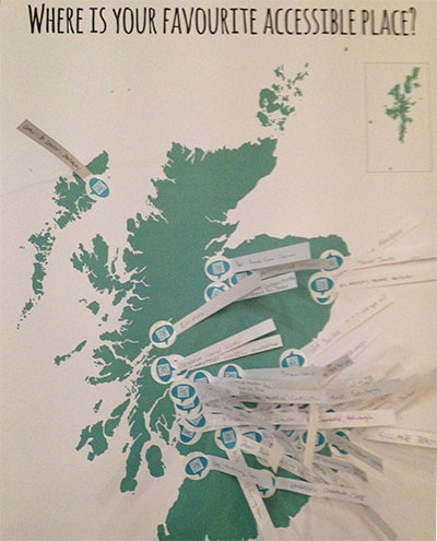 Photo of map of Scotland with accessible venues marked on it