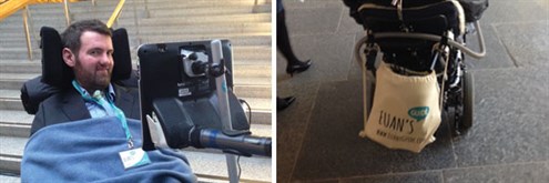 Photo of Euan doing Soundcheck, Photo of powerchair with Euan's Guide bag on the back