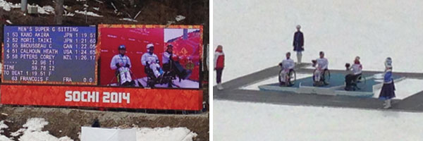 The Men's Sit Ski Medal Winners and Flower Ceremony