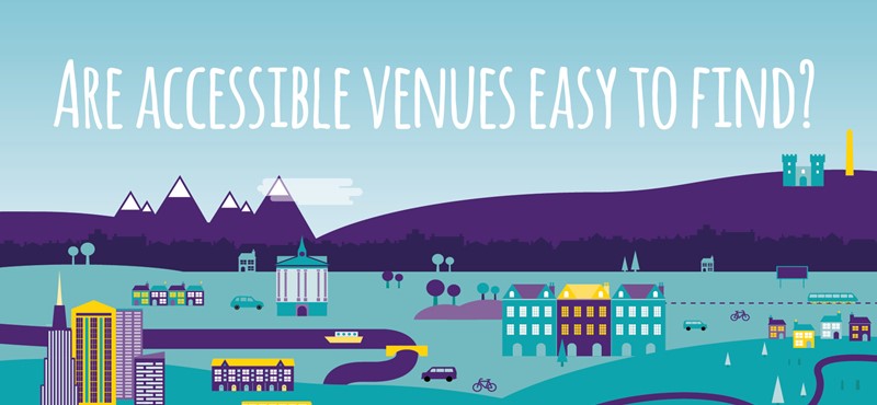 An illustration of a city sky line with the text saying 'are accessible venues easy to find'.