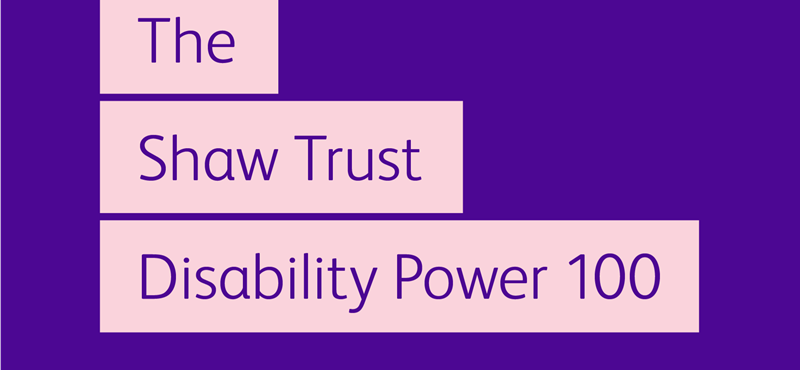 A graphic design of the The Shaw Trust's Disability Power 100 logo in purple
