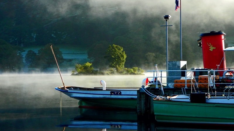 Photo of an Ullswater steamer boat surrounded by mist.