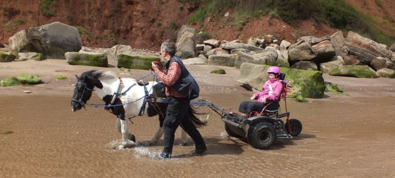 Photo of a wheelchair user pony trekking on the beach.