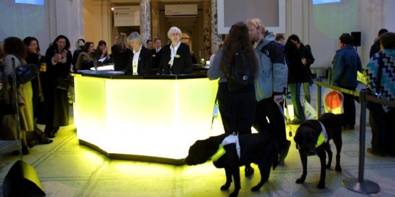 Photo of visitors with assistance dogs at V&A.