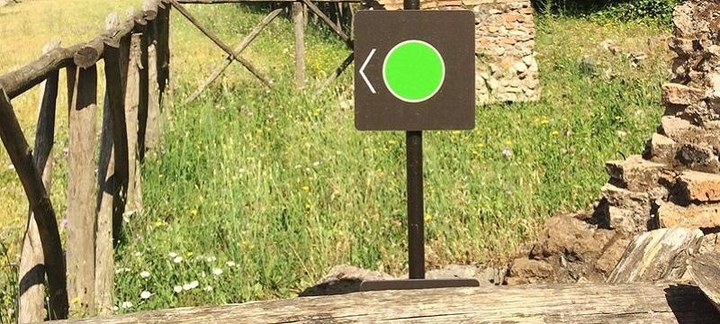 A colour coded sign for an easy access route.