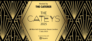 A screenshot of the Catey Awards web banner in gold and black with text reading The Cateys 2025 with venue and date details