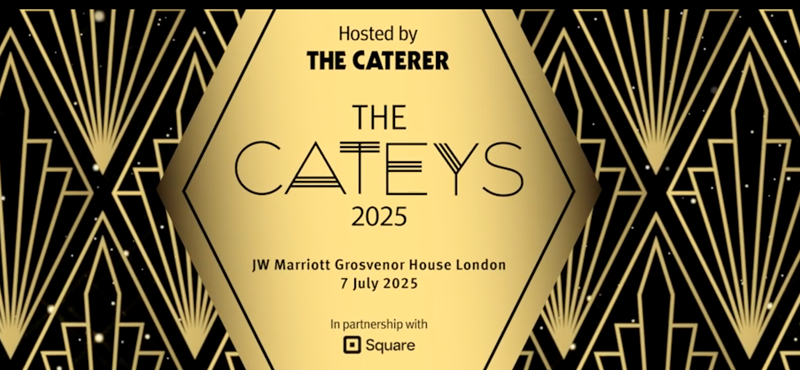 A screenshot of the Catey Awards web banner in gold and black with text reading The Cateys 2025 with venue and date details