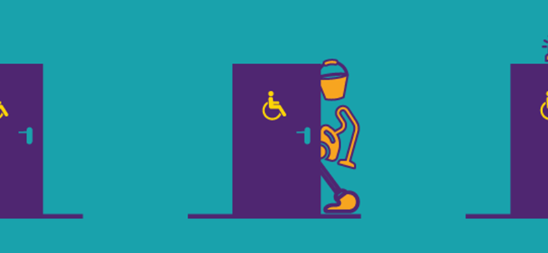 A graphic design of three accessible toilet doors each with a symbol. The first has a signpost, the second has cleaning equipment, the third has an alarm.