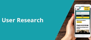 Graphic design with teal background and an image of a hand holding a mobile phone with text that reads User Research