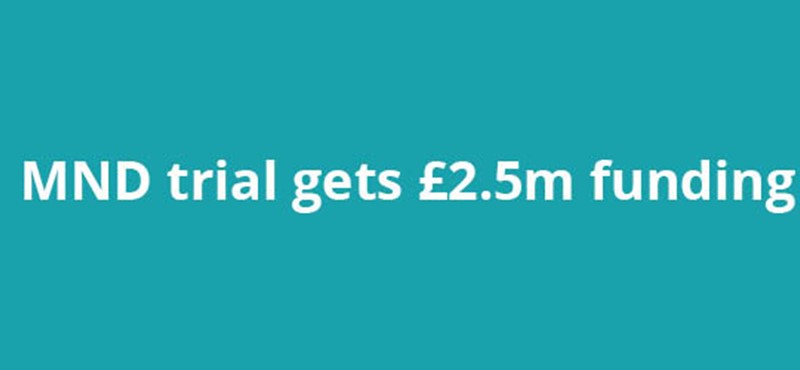 Graphic design of teal background with white text MND trial gets £2.5m funding