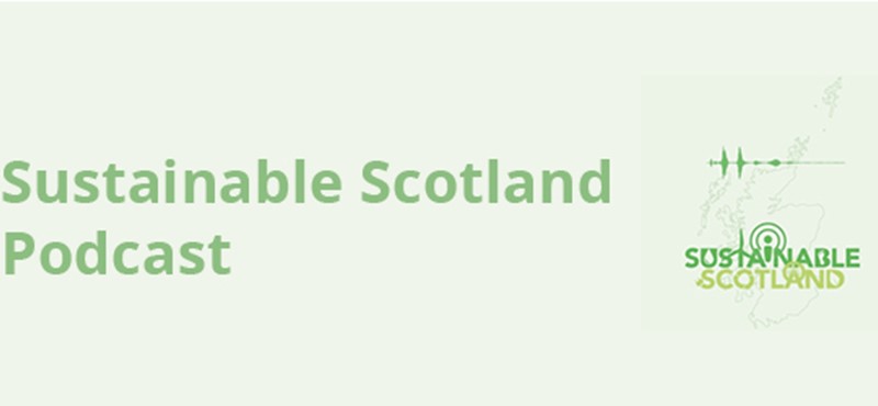 A graphic design of pale green background with dark green text reading Sustainable Scotland and the Sustainable Scotland logo