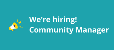A graphic design with a teal background and a yellow and purple megaphone illustration with white text that reads "We're hiring! Community Manager"