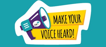 A graphic design featuring a megaphone and the text 'make your voice heard'
