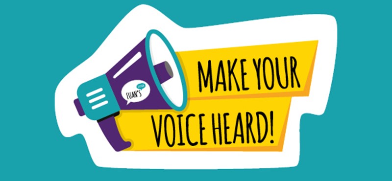 A graphic design featuring a megaphone and the text 'make your voice heard'
