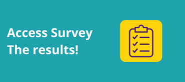 A graphic design with a teal background and a clipboard illustration and text in white that reads Access Survey the results!