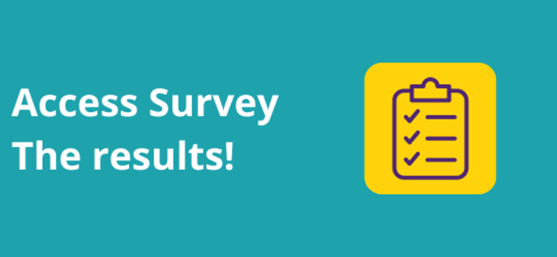 A graphic design with a teal background and a clipboard illustration and text in white that reads Access Survey the results!
