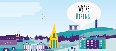 A city illustration graphic with various buildings in the landscape with a speech bubble that says: "We're hiring!"