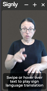 A screenshot of a Signly video featuring a BSL translator