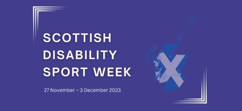Scottish Disability Sport Week graphic design in purple with a faded out Saltire flag