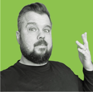 A photograph of Matt Kirby in black and white against a green background.