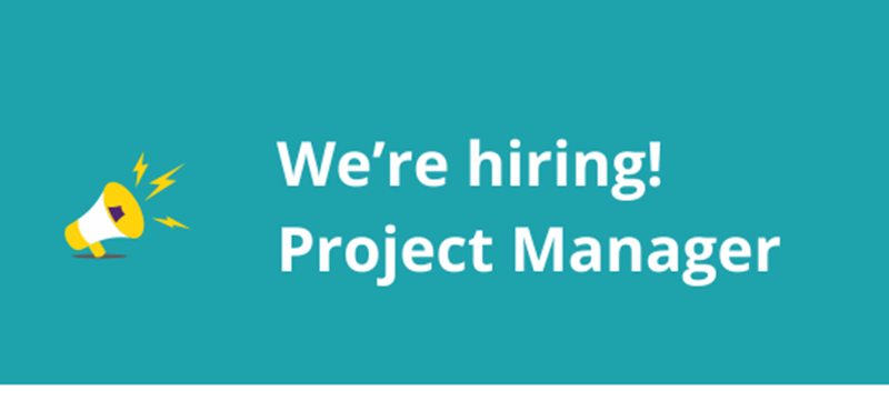 A graphic design with a teal background and a yellow and purple megaphone illustration with white text that reads "We're hiring! Project Manager"